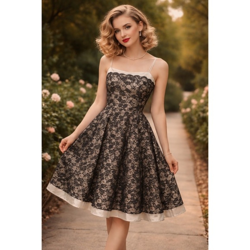 White House Black Market Dress Women 2 Black Silver Floral Lace Midi USA